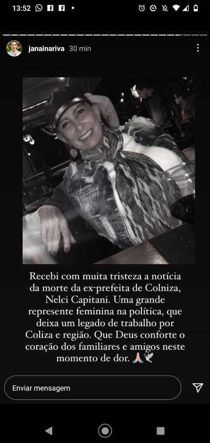 VG Notícias; VGN; post; Janaína Riva; luto; ex-prefeita Colniza