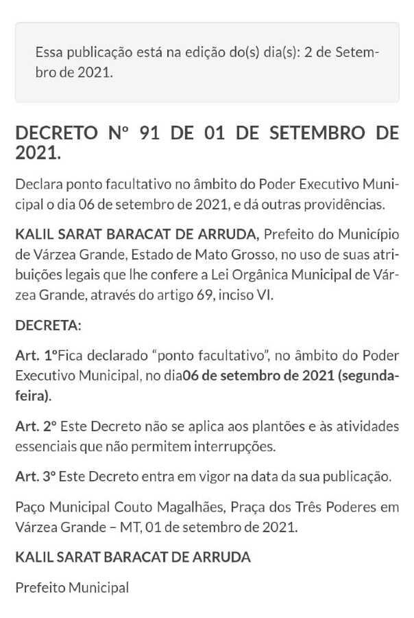 VGN; decreto; ponto facultativo; feriado; 7 de setembro; Várzea Grande