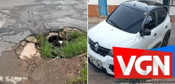 O morador fez um vídeo e relatou que o buraco causa acidentes e que um carro caiu nessa quinta (20).