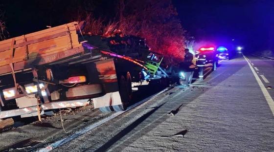 Motorista morre prensado por tora de eucalipto após colidir caminhão com barranco na MT-270