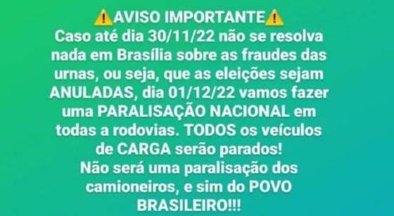 novo avisa; paralisação nacional; manifestantes; bloqueios; rodovias; Mato Grosso; VGN 