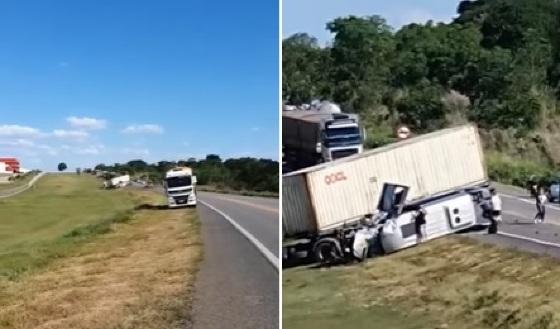 Acidente entre carretas, van e carro deixa onze pessoas feridas na BR-364 em VG.