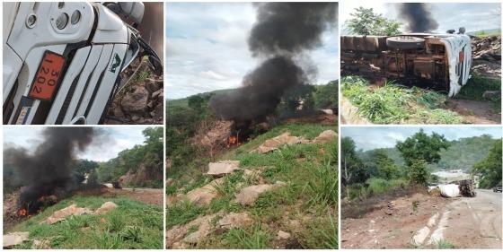 Carreta carregada de diesel tomba na Serra de São Vicente.