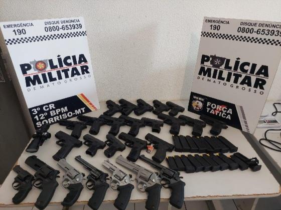 PM recupera 25 armas furtadas de comércio e prende três pessoas em Sorriso