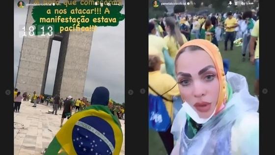 Pâmela Bório postou fotos dela, do filho e de outros bolsonaristas invadindo o Congresso Nacional