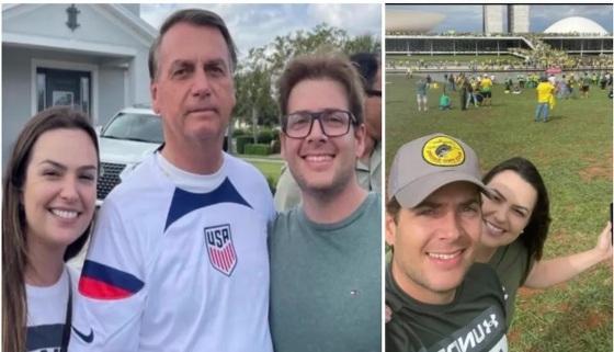 Juliano Antoniolli e Luane Grotta em foto com Jair Bolsonaro nos EUA, à esquerda, e depois os dois participando do ato terrorista em Brasília em 8 de janeiro de 2023, à direita