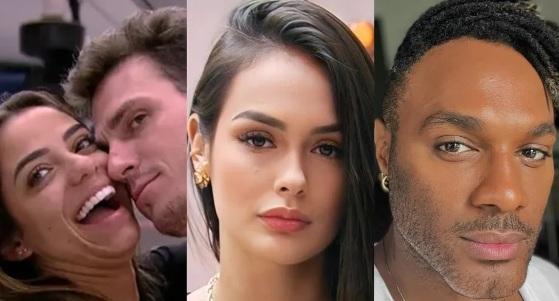 Larissa (centro), do BBB 23, é chamada de "piranha" e "cachorra" por Key (esq) e Fred Nicácio (dir)