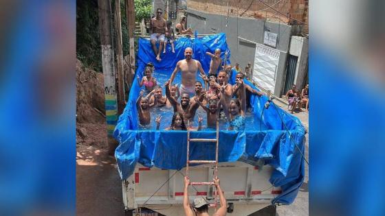 Em domingo de calor, amigos transformam caminhão em piscina 