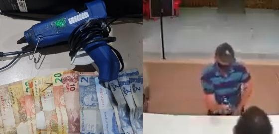  Câmeras de segurança registraram o momento em que o indivíduo entra na loja, pistola de cola quente foi apreendida.