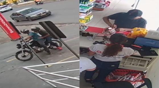 A dupla estava armada quando invadiram a farmácia, ameaçaram funcionários do local e roubaram R$ 600,00