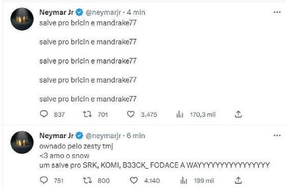 Conta oficial de Neymar no Twitter é hackeada e exibe mensagens aleatórias.