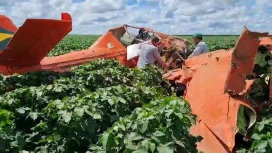 Piloto sobrevive após avião cair em fazenda e ficar destruído 