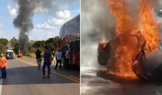 Motorista morre carbonizado após colisão entre carreta e carro de passeio na BR-163