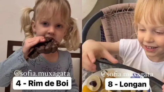 Sofia, 2 anos, comendo alimentos variados em vídeos nas redes sociais.