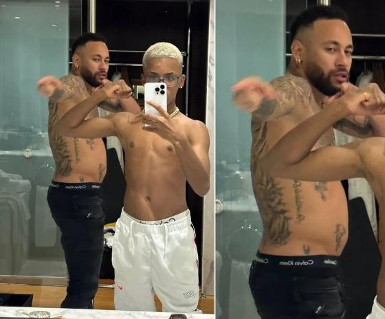Neymar exibe barriguinha em foto, e internautas brincam: 'Ajudando a Bruna a carregar o filho'.