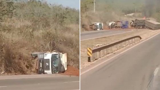 Motorista morre preso às ferragens em acidente entre três veículos de carga