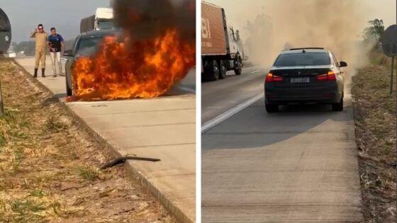 BMW pega fogo na BR-364 em Santo Antônio do Leverger