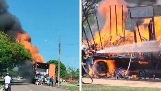 Caminhão carregado de colchões, camas e cadeiras pega fogo e fica destruído 