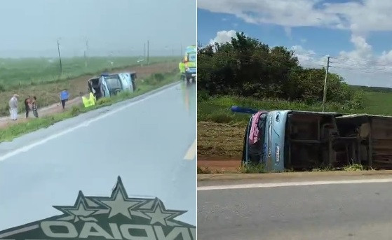 Onze pessoas ficam feridas após ônibus capotar na BR-163