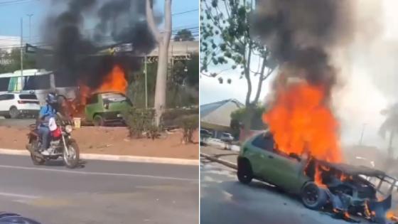 Carro pega fogo em frente ao Verdinho em Cuiabá.