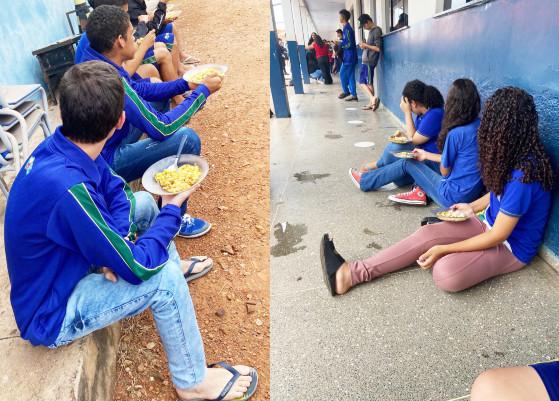 Alunos comem merenda sentados no chão em escola estadual de MT