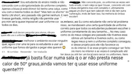 Alunos criticam uso de uniforme obrigatório e acusam governador de apagar comentários 