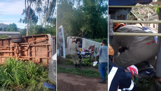 Micro-ônibus escolar tomba em rodovia de MT.