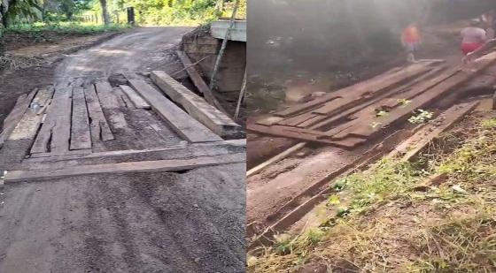 Moradores tiveram que colocar tábuas novas na ponte para poderem passar pelo local