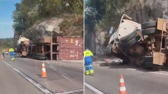 Motorista morre após carreta tombar e colidir com paredão na Serra de São Vicente.