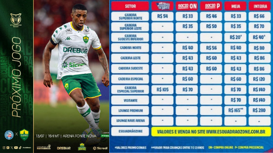 Cuiabá x Bahia: ingressos à venda para jogo da 17ª rodada da Série A