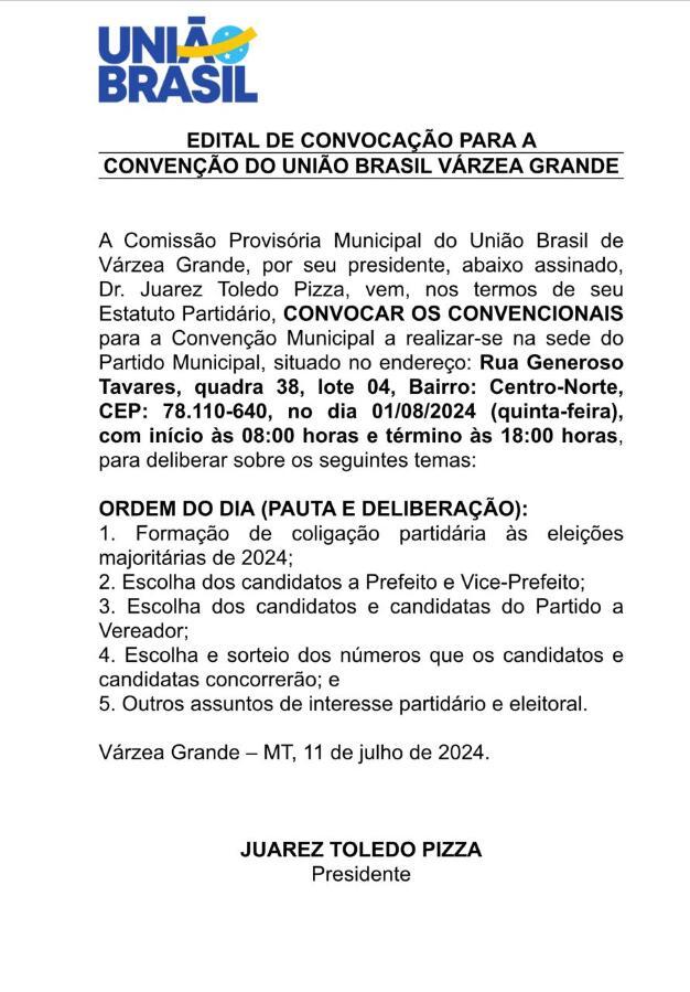 Edital de convocação para a  Convenção do União Brasil Várzea Grande