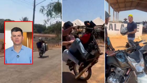 Prefeito de Mirassol D’Oeste é filmado empinando moto em evento.