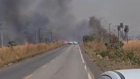 Área de mata próximo ao aeroporto de Nortelândia é tomada por incêndio.