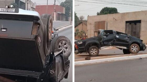 Caminhonete fica destruída após capotar em avenida de VG