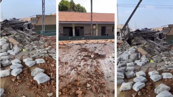 Carreta desgovernada destrói muro de escola no interior de MT