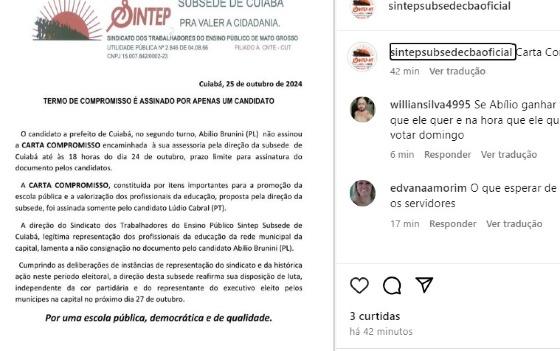 Abilio Brunini não assina "Carta Compromisso" proposta pelo Sintep/Cuiabá 