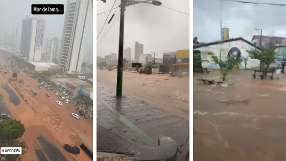 Avenida do CPA vira mar de lama após temporal em Cuiabá; outras avenidas alagadas 