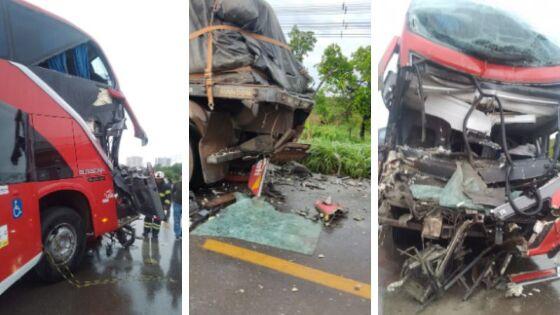 Motorista morre e seis ficam feridos em acidente entre ônibus e carreta 