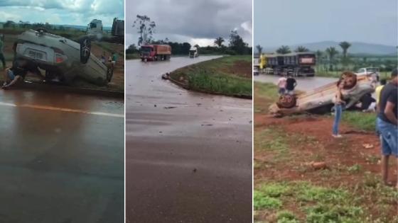 Veículo capota na BR-364 e duas pessoas ficam feridas.