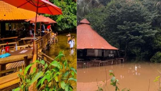 Ponto turístico fica submerso após temporal em Nobres.