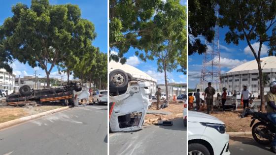 Caminhão sem freio atinge veículo e ambos capotam em Cuiabá.