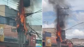 Poste de energia pega fogo na avenida Couto Magalhães