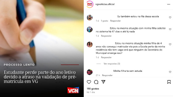 Denúncia sobre atraso em matrículas escolares em VG ganha repercussão e mais mães relatam dificuldades.