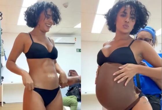Bella Campos exibe barriga fake de grávida 