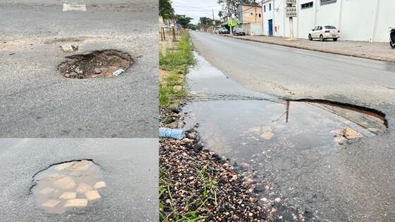 Mesmo ao lado da Prefeitura, rua segue esburacada e com vazamentos em VG.