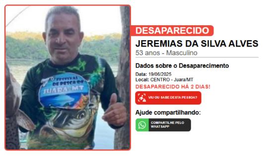 Ex-vereador de Juara está desaparecido há dois dias.