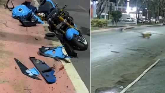 Motociclista perde controle e é arremessado por avenida.