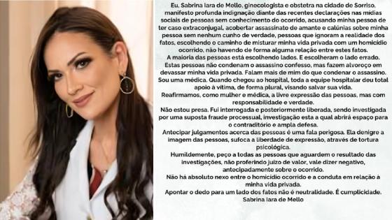 Médica nega envolvimento em assassinato de suposto amante: “calúnias sobre minha pessoa”.
